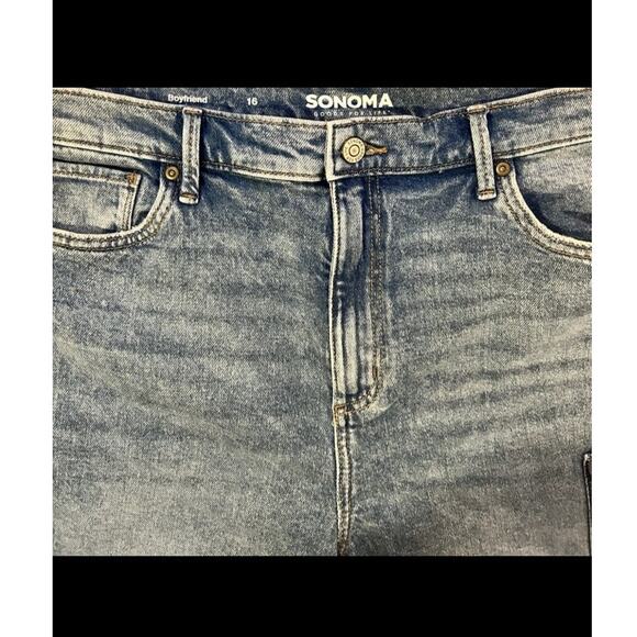 NWOT Sonoma Girlfriend Jeans Women's Size 16 Blue Denim Stretch Patches Ankle - Picture 3 of 5